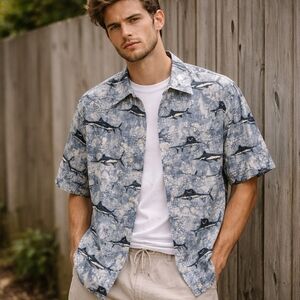 Vintage Ivy Crew Fisherman Print Button Up Shirt Men’s M Blue Dadcore